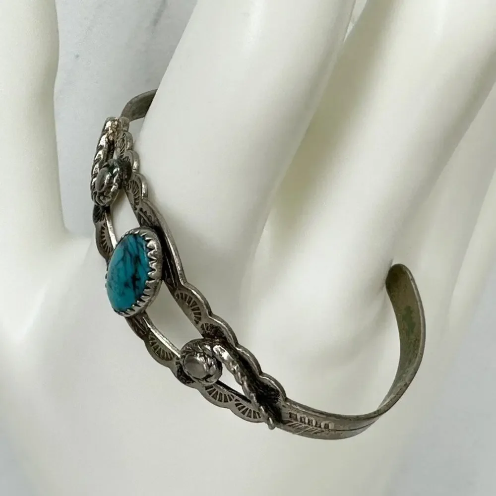 Vintage Bell Trading Post Nickel Silver Faux Turquoise Child Cuff Bracelet ✨